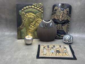 Modern decorative items, including wall panels and vessels