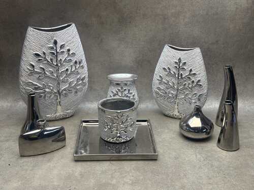 Modern decorative items in silver tones