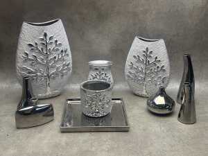 Modern decorative items in silver tones