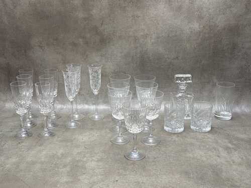 Assorted crystal drinkware, together with a decanter