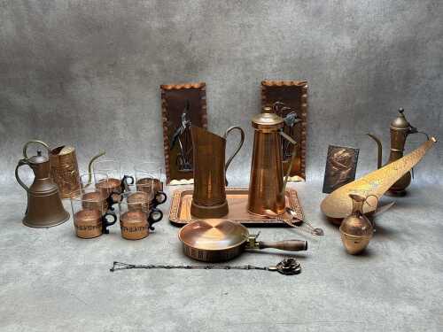 Assorted copper items including decorative and serving ware