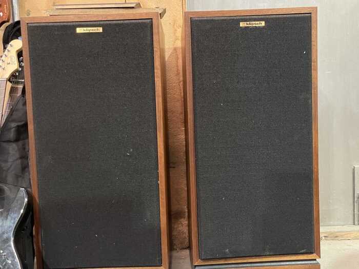 Pair of Klipsch floorstanding speakers, walnut cabinets