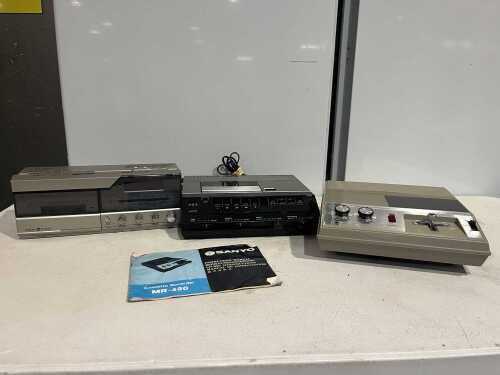 Three vintage cassette recorders including Sanyo MR-420 with manual
