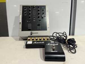 Marshall DRP-1 direct recording preamp, Marshall footswitch and Numark M2 DJ mixer
