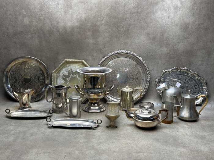 Group of metal serving ware including Ranleigh silver-plated champagne bucket