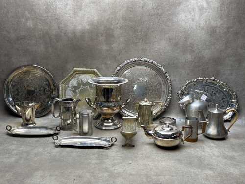 Group of metal serving ware including Ranleigh silver-plated champagne bucket