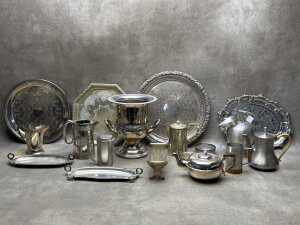 Group of metal serving ware including Ranleigh silver-plated champagne bucket