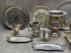 Group of metal serving ware including Ranleigh silver-plated champagne bucket - 2