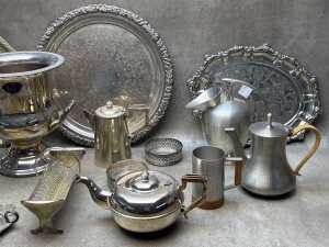 Group of metal serving ware including Ranleigh silver-plated champagne bucket - 3
