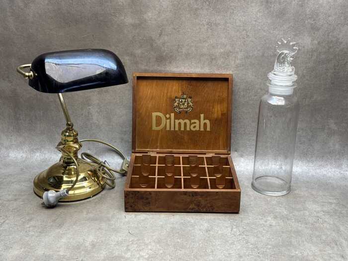 Group of homewares including banker's lamp, glass drink diffuser and tea caddy