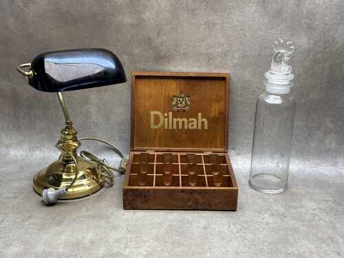Group of homewares including banker's lamp, glass drink diffuser and tea caddy