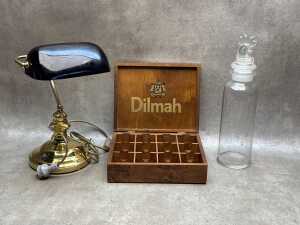 Group of homewares including banker's lamp, glass drink diffuser and tea caddy
