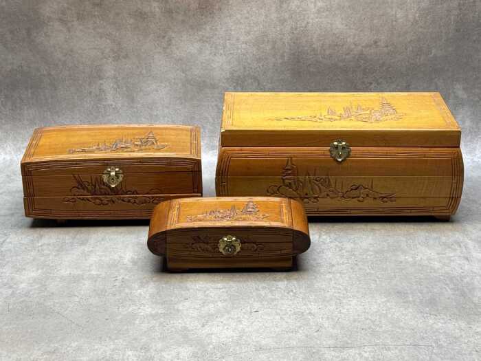 Three Oriental carved timber jewellery boxs