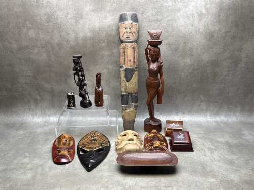 Mid-century Oriental and Islander timber carved decorative items