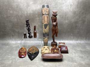 Mid-century Oriental and Islander timber carved decorative items