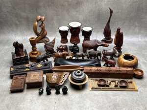 Mid-century Oriental and Islander timber carved decorative items