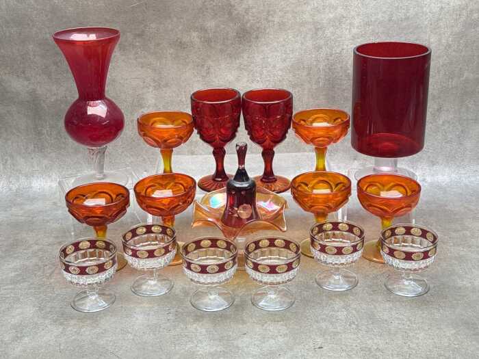 Red /orange coloured glassware, including a set of six amberina sherbet coupes,