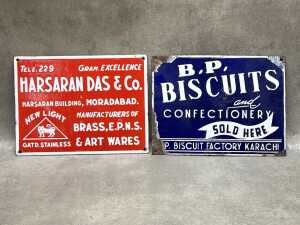 Two enamel signs including Harsaran Das & Co.