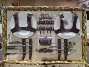 Wicker picnic time picnic set for four in basket hamper with leather straps - 2