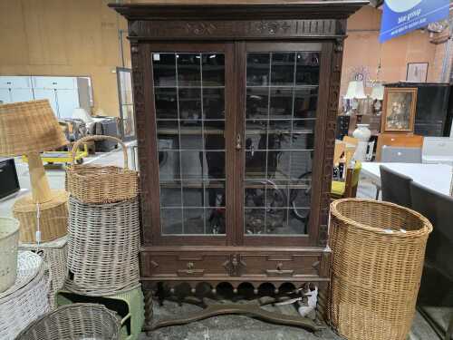 Jacobean Revival-style oak leadlight cabinet