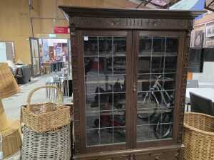 Jacobean Revival-style oak leadlight cabinet - 2