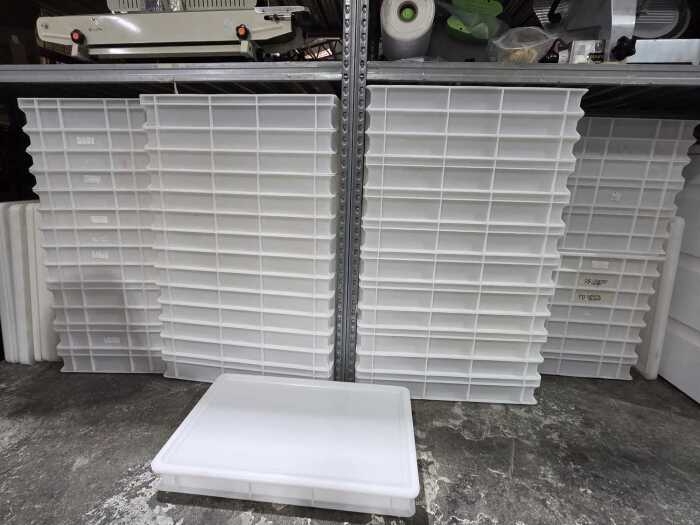 Approx. 60 white plastic dough proofing trays with lids