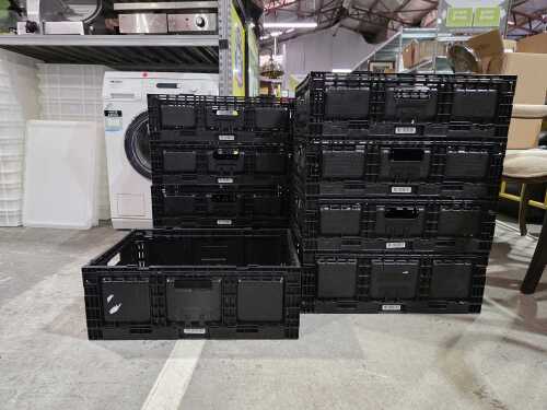 Nine black collapsible storage baskets