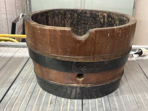 Vintage half barrell timber planter with metal bands
