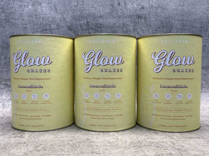 Three tins of The Collagen Co. Glow Shakes
