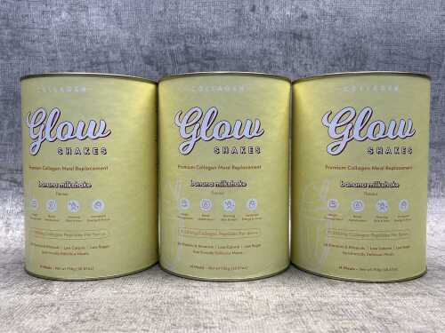 Three tins of The Collagen Co. Glow Shakes