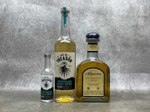 Mixed agave spirits and tequila, three bottles