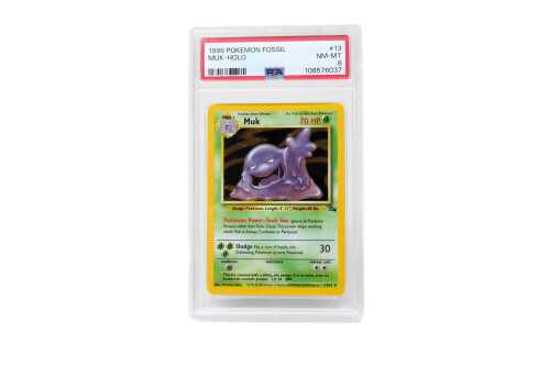 55 · 1999 Pokémon Fossil Muk Holo #13, PSA 8