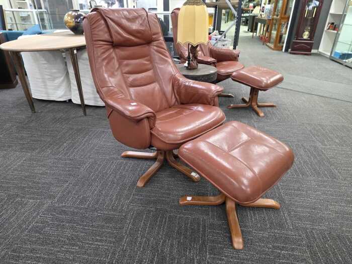 Artifex brown leather reclining armchair with footstool