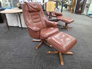 Artifex brown leather reclining armchair with footstool