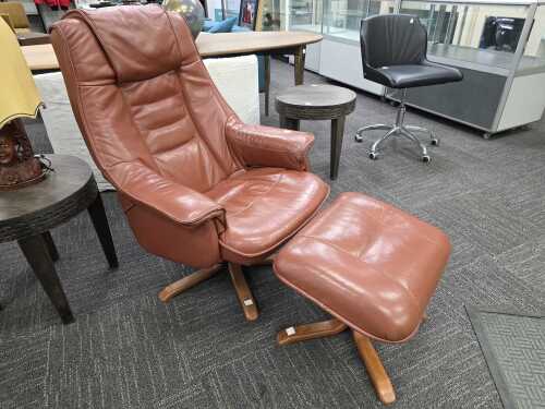 Artifex brown leather reclining armchair with footstool