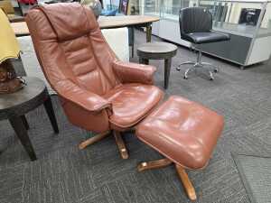 Artifex brown leather reclining armchair with footstool