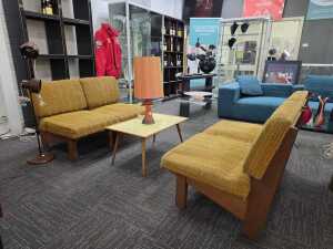 Set of four yellow upholstered mid-century chairs