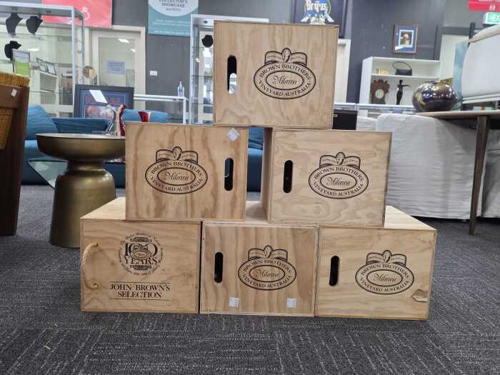 Collection of Brown Brothers wooden wine boxes