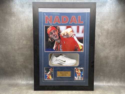 39 · Rafael Nadal framed collage with signed Nike tennis shoe