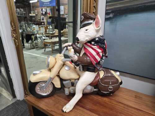 Biker Bull Terrier (with attitude) riding a motorcycle chalkware sculpture