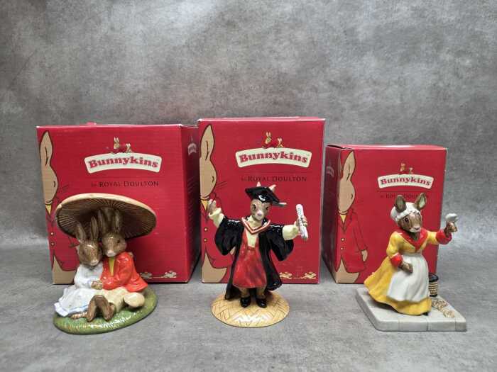 Three Royal Doulton 'Bunnykins' porcelain figures, all with boxes