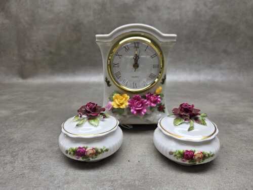 Royal Albert 'Old Country Roses' porcelain mantel clock, together with pair of trinket boxes