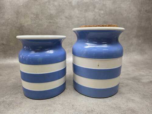 Two Cornishware blue and white striped canisters