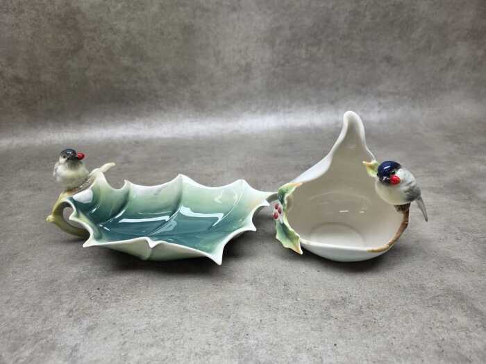 Two Franz porcelain Christmas items with chickadees