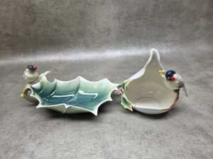 Two Franz porcelain Christmas items with chickadees