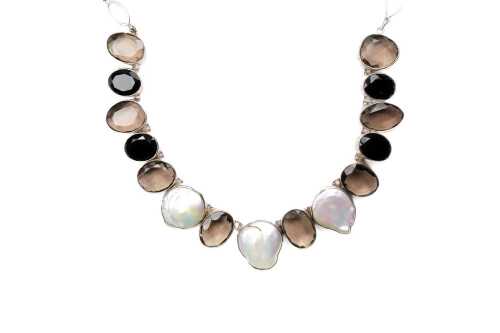 A smoky quartz, onyx and freshwater pearl necklace in sterling silver