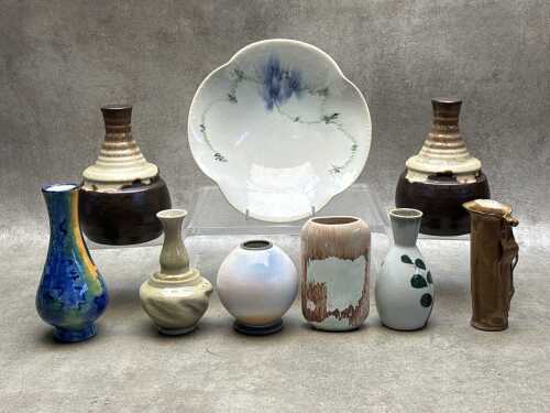 Collection of studio pottery, including salt and pepper shakers, vases, etc