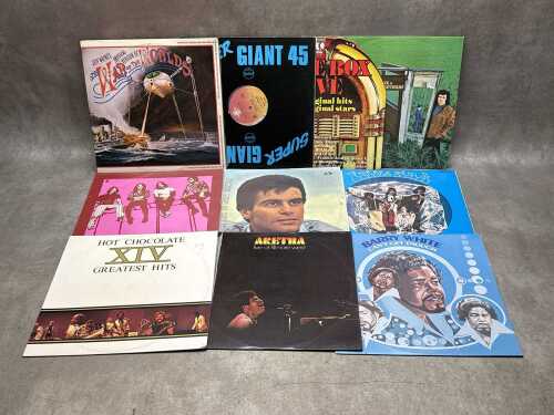 Ten Rock and Soul vinyl records, including Jeff Wayne's War of the Worlds