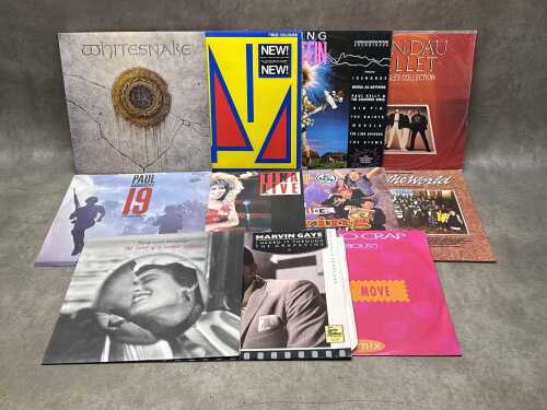 Eleven vinyl records, including 12" singles, including Whitesnake