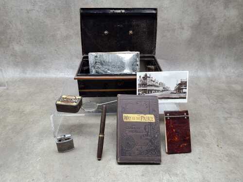 Assorted ephemera in a tin cash box